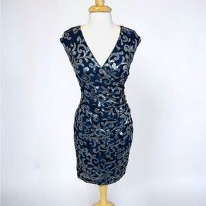 ralph lauren blue sequin faux wrap ruched sheath cocktail midi dress size 14
